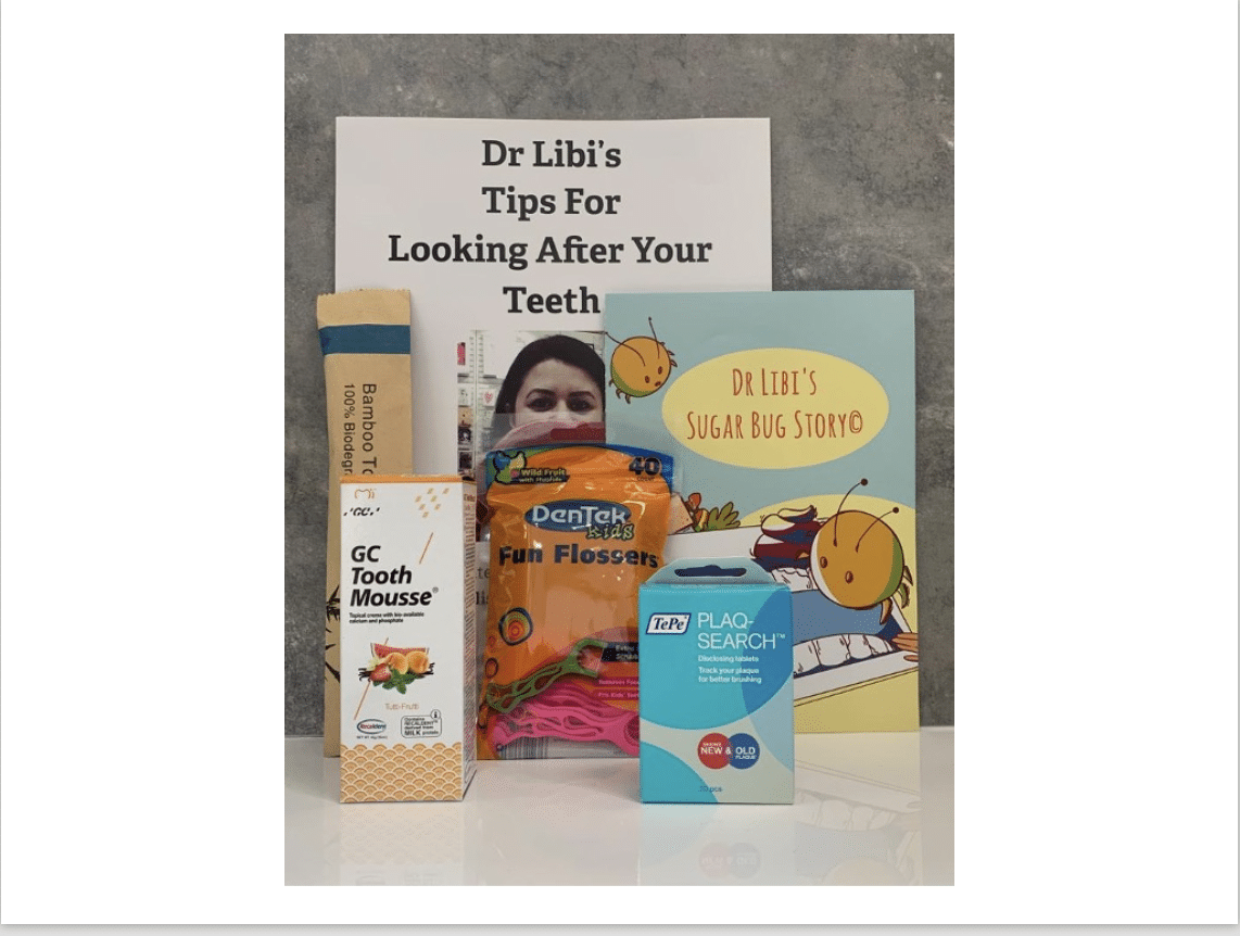 Option B: Care kit B includes: Tooth mousse (Quantity 1), Fun flossers (one pack of 40), Disclosing tablets (one pack of 20), Free toothbrush (quantity 1), Free Sugar bug story, Free Dr Libi’s advice sheet------------------------------------------------------------------------------------------------------------------