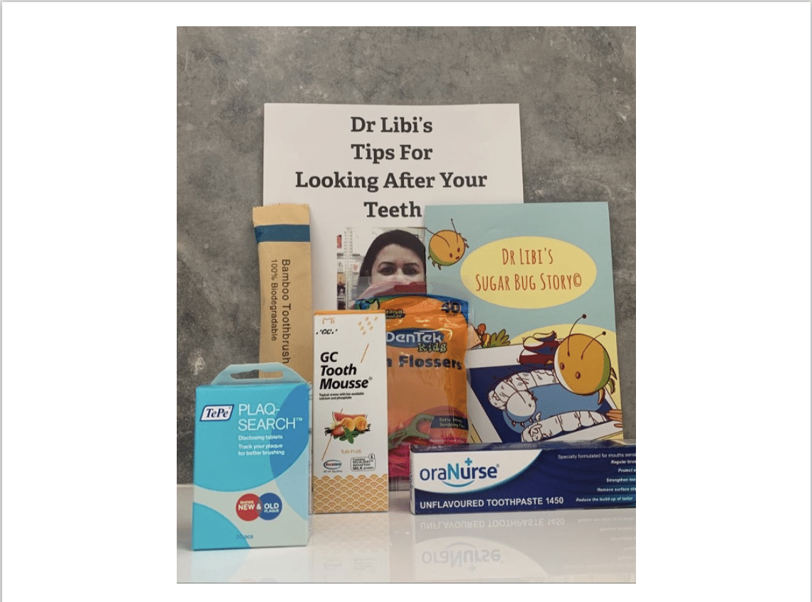 Option A: Care kit A includes: Tooth mousse (Quantity 1), Fun flossers (one pack of 40), Disclosing tablets (one pack of 20), Oranurse fluoridated 1450 ppm unflavoured non-foaming toothpaste 50 ml (one pack of 1), Free toothbrush (quantity 1), Free Sugar bug story, Free Dr Libi’s advice sheet.------------------